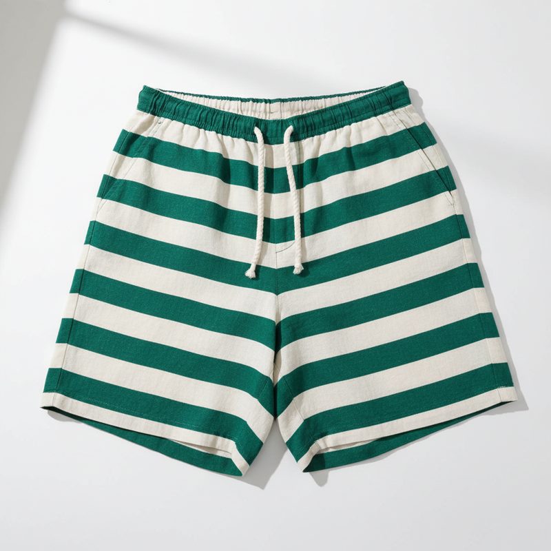 Teal Striped Linen Drawstring Shorts